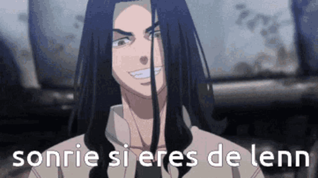 a man with long black hair is smiling with the words sonrie si eres de lenn below him