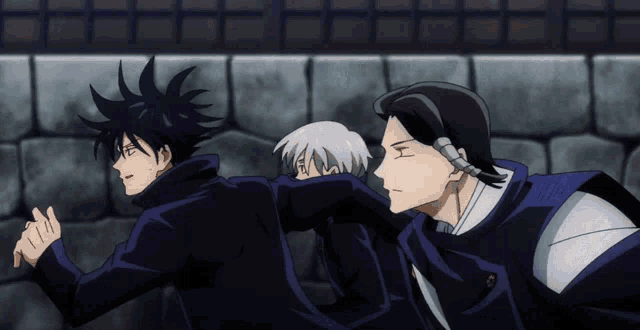 a group of anime characters are running in front of a wall