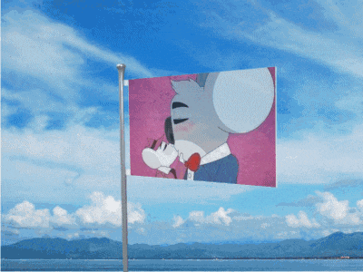 a pink and white flag with a mickey mouse on it