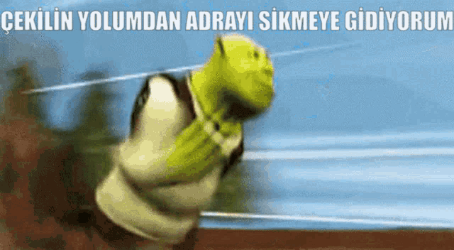 shrek is running on a track with the words " cekilin yolumdan adravi sikmeye gidiyorum " above him