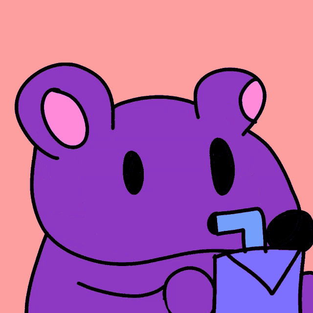 a purple bear with a pink nose is holding a purple box