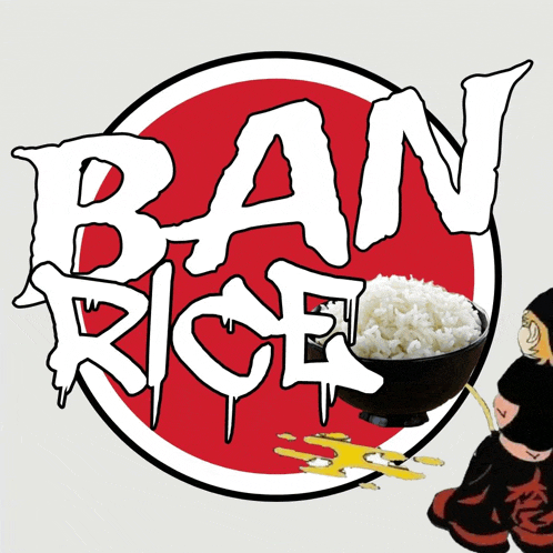 a logo for ban rice shows a bowl of rice and a person urinating