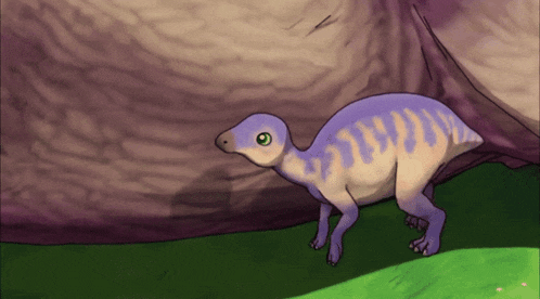 a cartoon drawing of a purple and white dinosaur