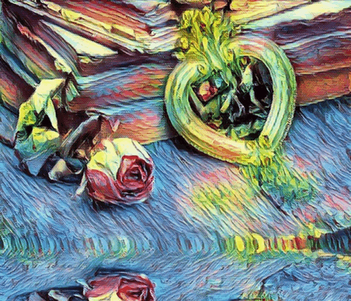 a painting of roses and a heart with a blue background