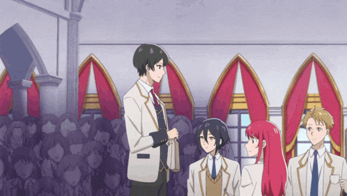 a group of anime characters standing in front of a crowd of people