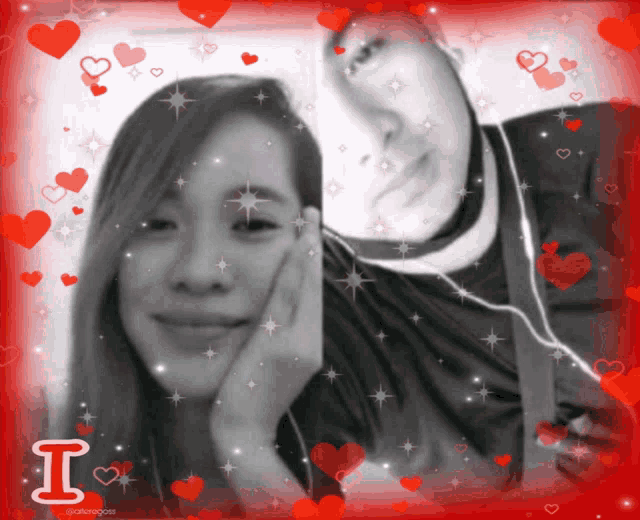 a black and white photo of a woman and a man surrounded by hearts