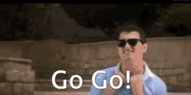 a man wearing sunglasses and a blue shirt is standing in front of a stone wall and says `` go go '' .
