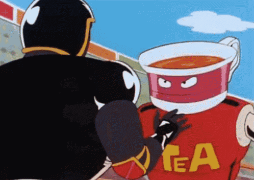 a cartoon character with a tea cup on his head