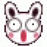 a pixel art drawing of a rabbit 's face with a surprised expression .