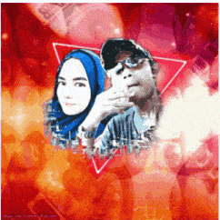 a man and a woman are standing next to each other with a triangle in the background
