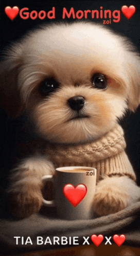 a puppy is holding a cup of coffee with a heart on it and says good morning tia barbie xx