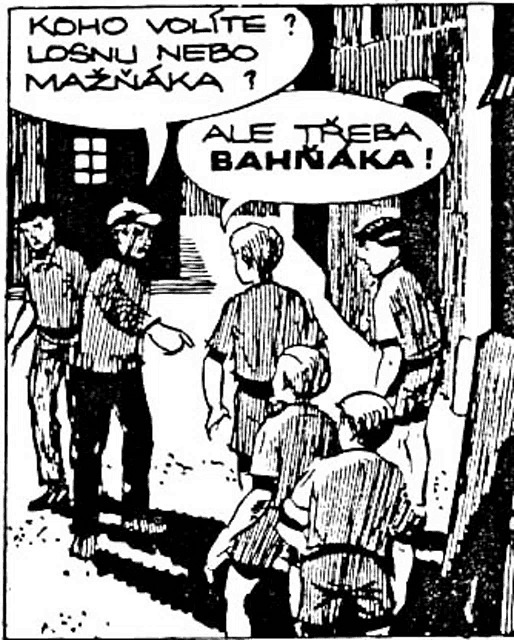 a black and white drawing of a group of people talking with a speech bubble that says " ale treba bahnaka "