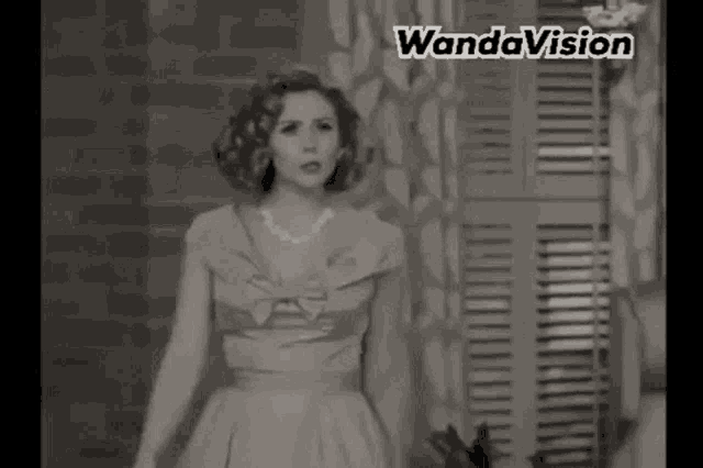 a woman in a dress and pearls is standing in front of a window in a black and white photo .