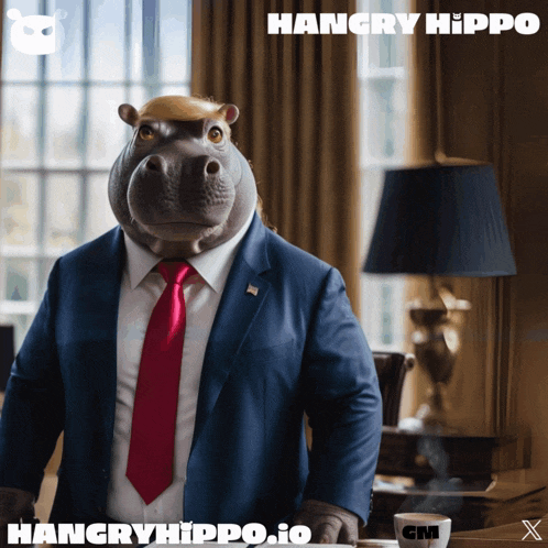 a picture of a hippo in a suit and tie with the words hangry hippo on the bottom