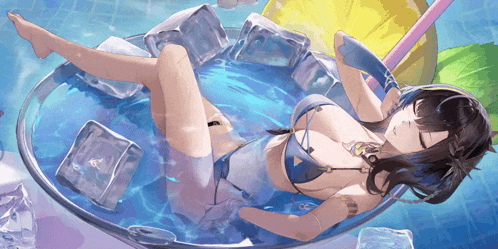 a girl in a bikini is laying in a glass of water with ice cubes