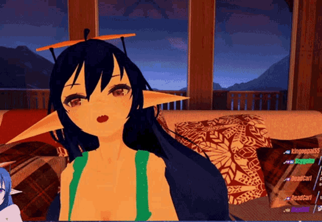 a screenshot of a video game shows a girl with long black hair and ears