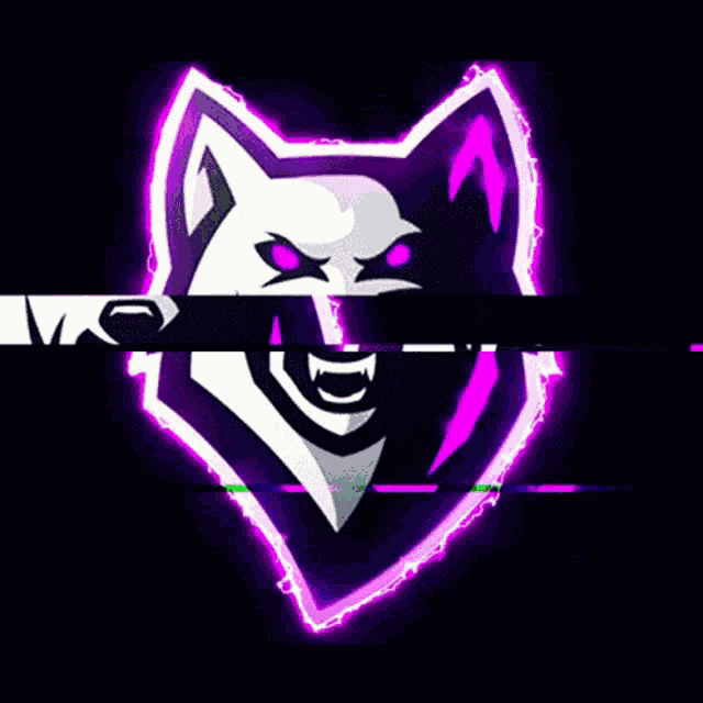 a logo of a wolf with purple eyes and a green and purple background