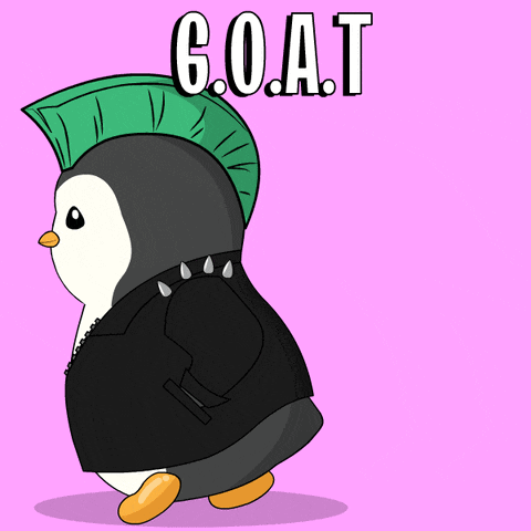 a penguin wearing a mohawk and a jacket with the word goat written on it
