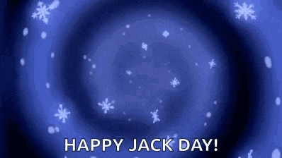 a blue background with snowflakes and the words `` happy jack day '' written on it .