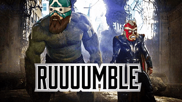 a hulk and a thor standing next to each other with the words ruuuuuuumble behind them