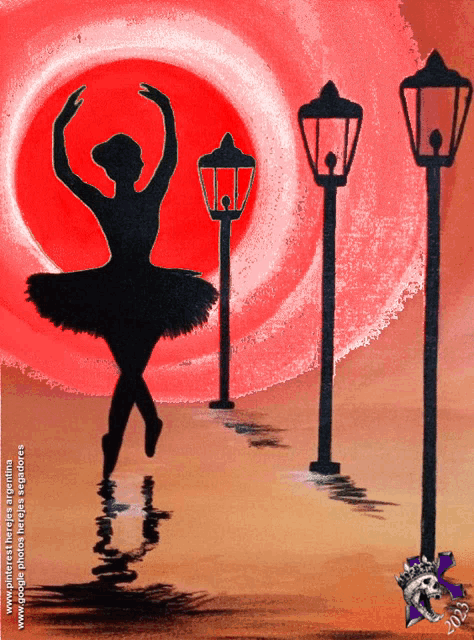 a painting of a ballerina with a red sun in the background