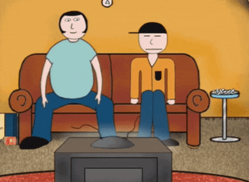 a cartoon of two men sitting on a couch with the letter a in the background