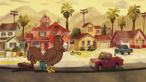 a cartoon chicken is standing on the side of the road in front of a row of houses