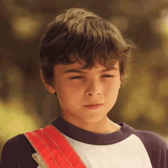 a young boy wearing a purple and white shirt with a red sash around his waist