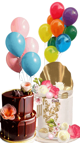 a chocolate cake with flowers and balloons is next to a white cake with flowers and balloons