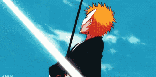 a bleach character is holding a sword in his hand .