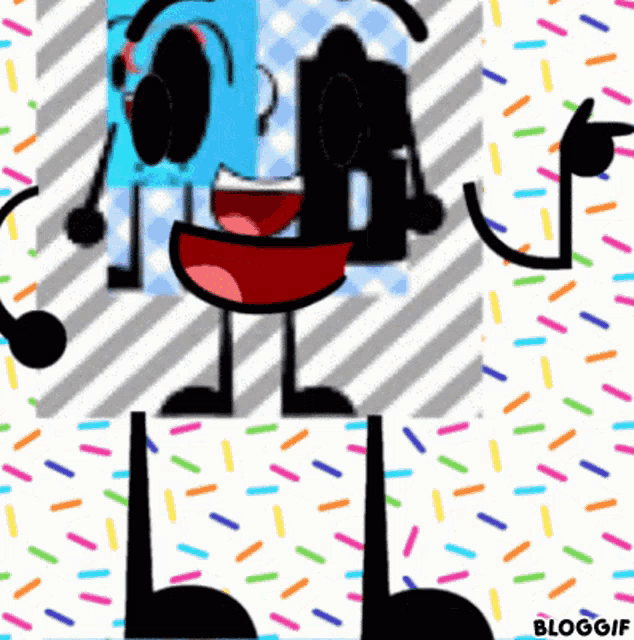 a cartoon character is standing in front of a striped background with sprinkles