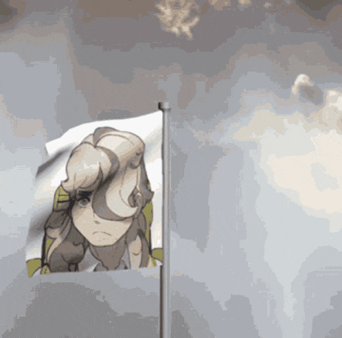 a flag with a picture of a girl on it is flying in the wind