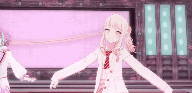 two anime girls are dancing on a stage in front of a pink background .