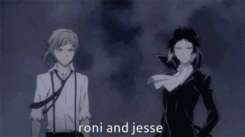 two anime characters are standing next to each other and the words roni and jesse are above them