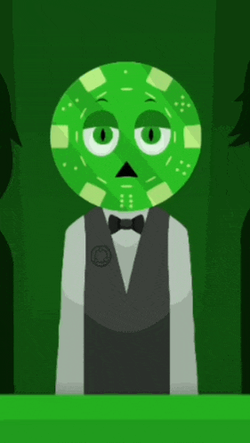 a cartoon character with a green poker chip on his head is wearing a tuxedo and bow tie .