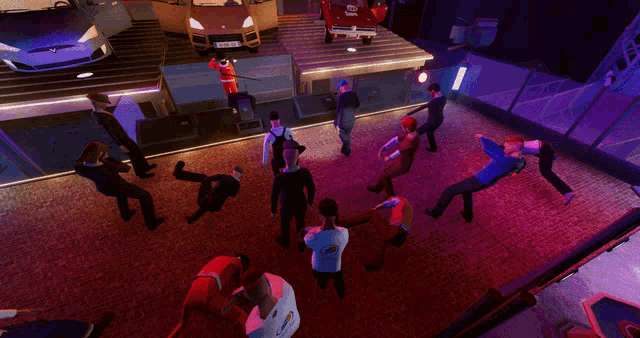 a group of people are dancing in a room with a car in the background