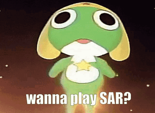 a picture of a frog with the words wanna play sar