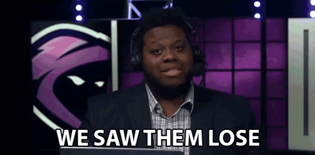 a man wearing headphones says we saw them lose in front of a purple background .