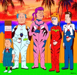 a group of cartoon characters are standing in front of a ucc coffee machine