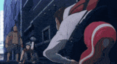 a man in a white shirt and red pants is bending down