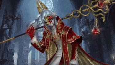 a painting of a man in a red and gold costume