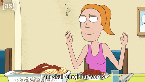 a cartoon of a woman sitting at a table with a bowl of food and the words i am skull emoji but words