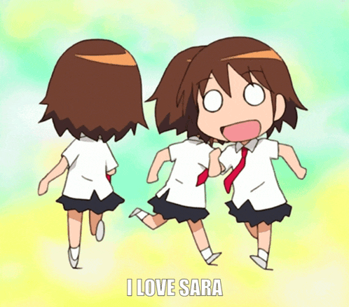 a cartoon of three girls with the words " i love sara " underneath them