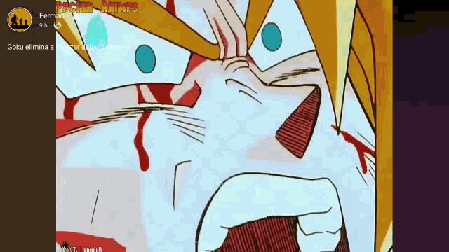 a screenshot of a cartoon character with blood coming out of his mouth and the words " goku elimina " on the bottom