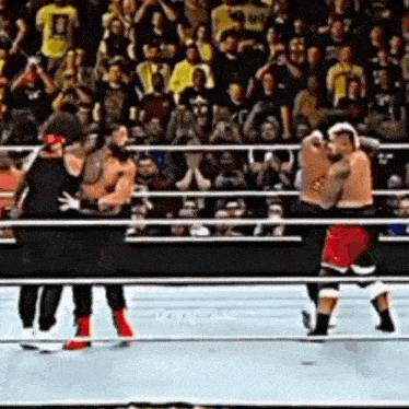 a group of men are wrestling in a wrestling ring .