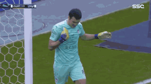 a soccer goalie is covering his face with his gloves during a game .