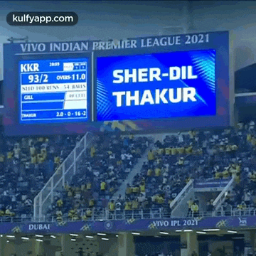a scoreboard at a cricket match shows the score of sher-dil thakur against kkr