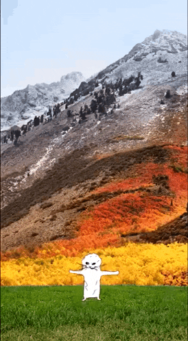 a cartoon character stands in front of a mountain range