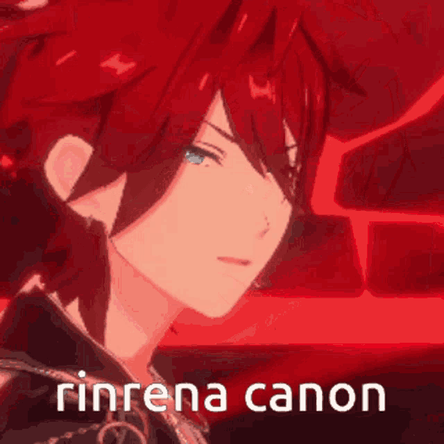 a close up of a red haired anime character with the words rinrena canon below him .