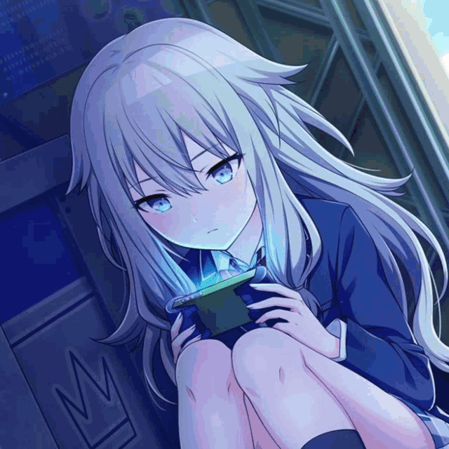 a girl with long white hair is holding a cell phone in front of a wall with the letter m on it